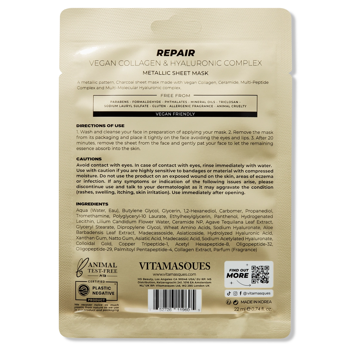 Repair Vegan Collagen & Gold Metallic Face Sheet Mask