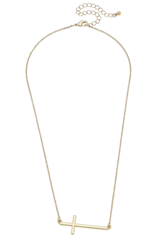 Carmi Horizontal Cross Necklace in Shiny Gold