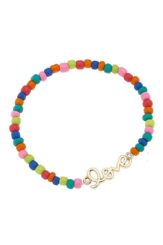 "Love" Rainbow Beaded Stretch Bracelet in Shiny Gold