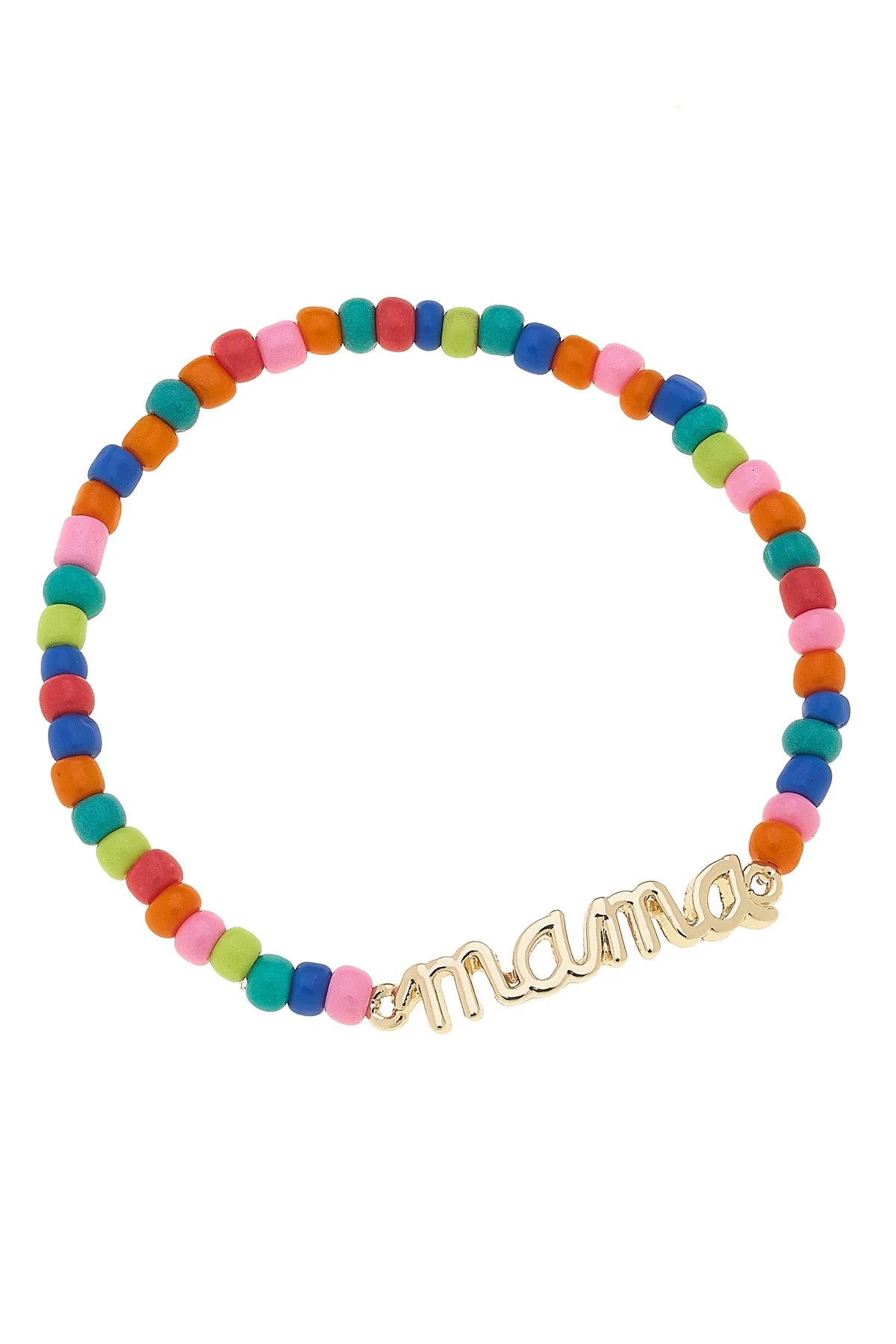 "Mama" Rainbow Beaded Stretch Bracelet in Shiny Gold