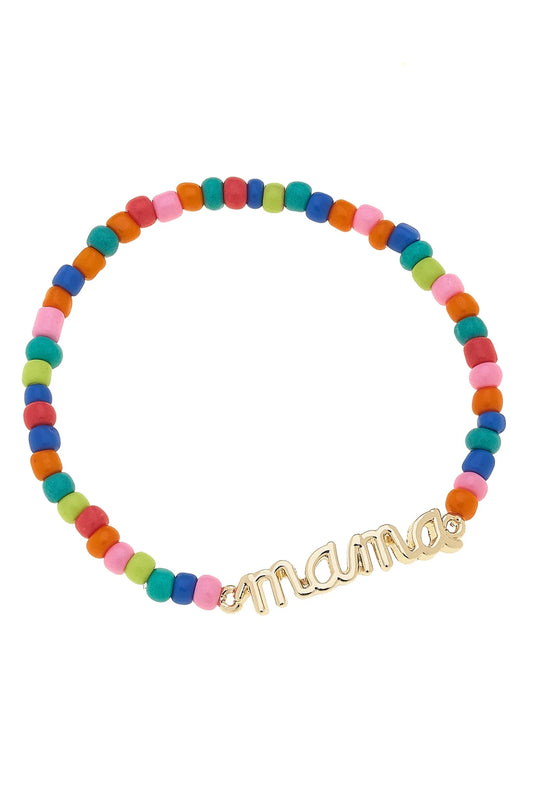 "Mama" Rainbow Beaded Stretch Bracelet in Shiny Gold