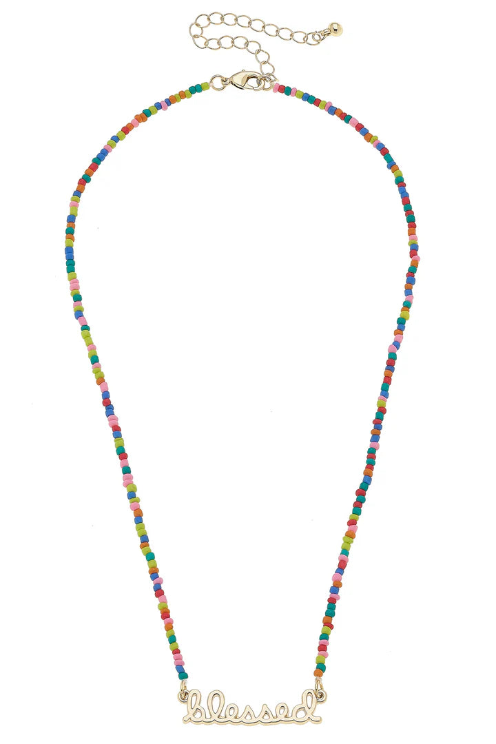 "Blessed" Rainbow Beaded Script Necklace in Shiny Gold