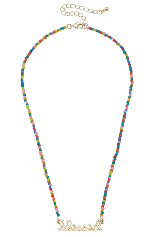 "Blessed" Rainbow Beaded Script Necklace in Shiny Gold