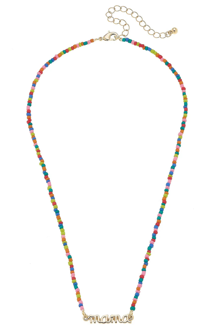 "Mama" Rainbow Beaded Script Necklace in Shiny Gold