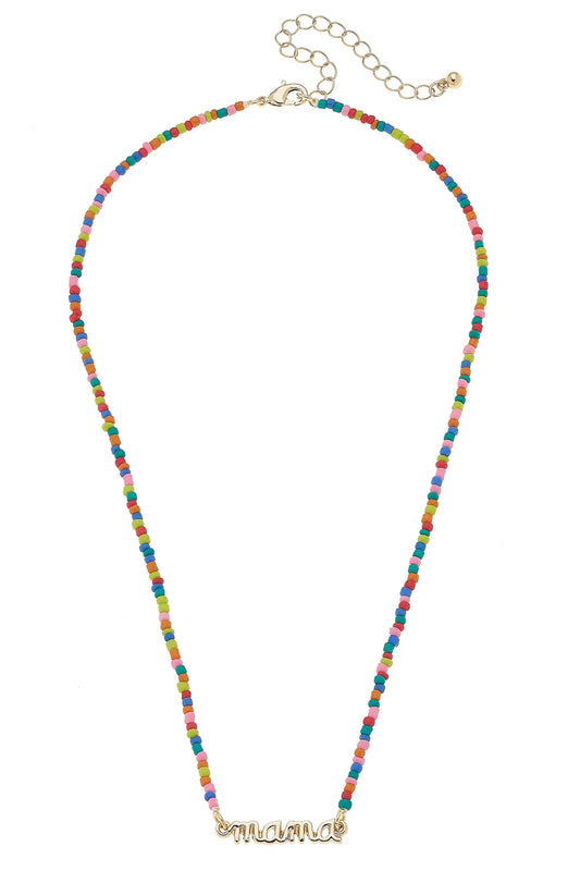 "Mama" Rainbow Beaded Script Necklace in Shiny Gold