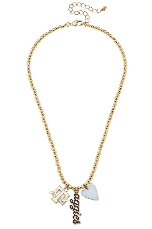 Texas A&M Aggies Ball Bead Charm Necklace in Shiny Gold