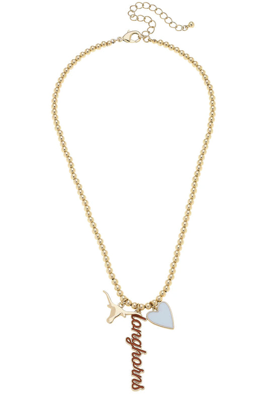 Texas Longhorns Ball Bead  Charm Necklace in Shiny Gold