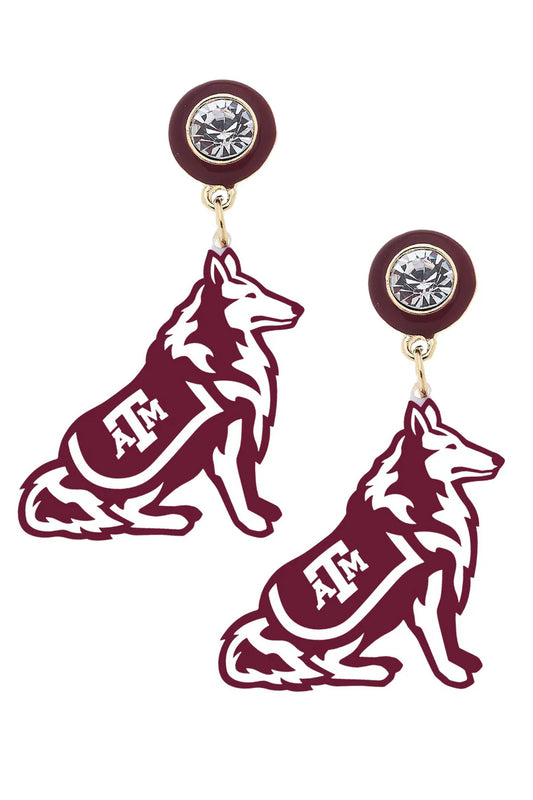 Texas A&M Reveille Resin Mascot Earrings in Maroon/White