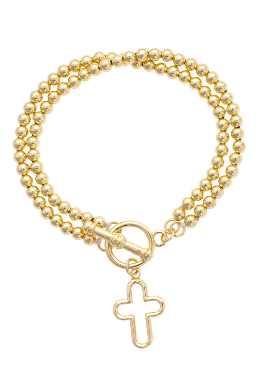 Foster Open Cross Ball Bead Stretch Toggle Bracelet in Shiny Gold