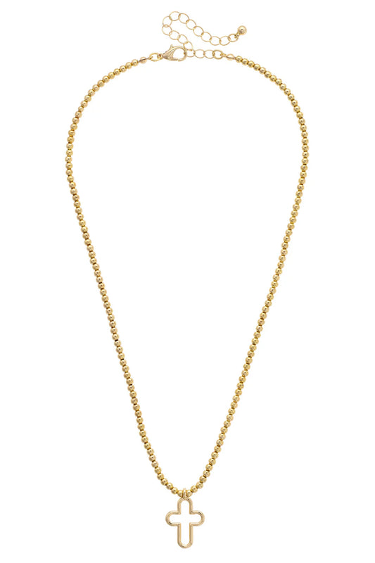 Foster Open Cross Ball Bead Necklace in Shiny Gold