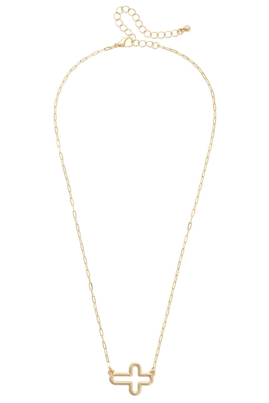 Foster Open Sideways Cross Necklace in Shiny Gold