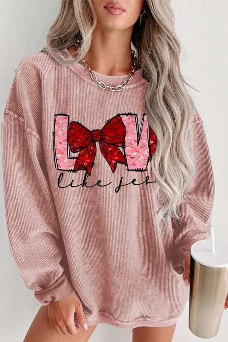 LOVE Bowtie Valentine's Day Crew Neck Knit Sweatshirt | Pink