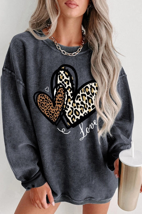 Leopard Heart Print Crew Neck Knit Sweatshirt