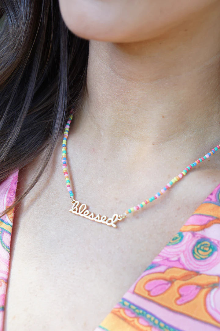 "Blessed" Rainbow Beaded Script Necklace in Shiny Gold