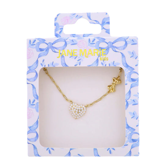 Kids Gold Paperclip Chain Necklace with Clear Crystal Heart with Bow in Chain Accent