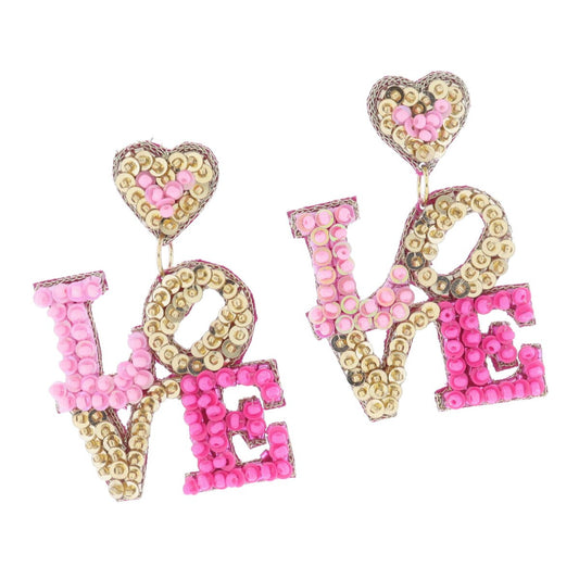 Gold, Light Pink, Hot Pink Beaded and Sequin Heart Post and "LOVE" Earring