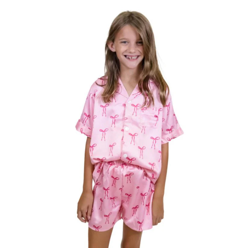 Kids Tied with a Bow Silky Satin Pajama Short Set
