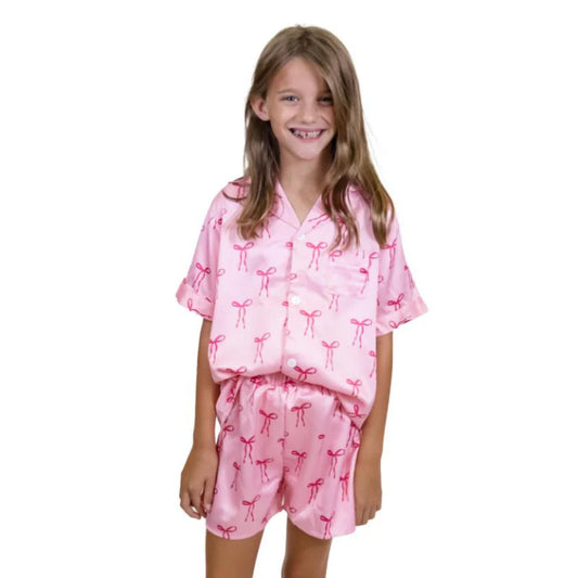 Kids Tied with a Bow Silky Satin Pajama Short Set