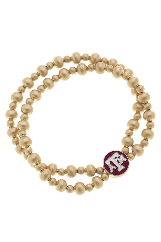 Texas A&M Aggies 2-Row Ball Bead Stretch Bracelet in Satin Gold