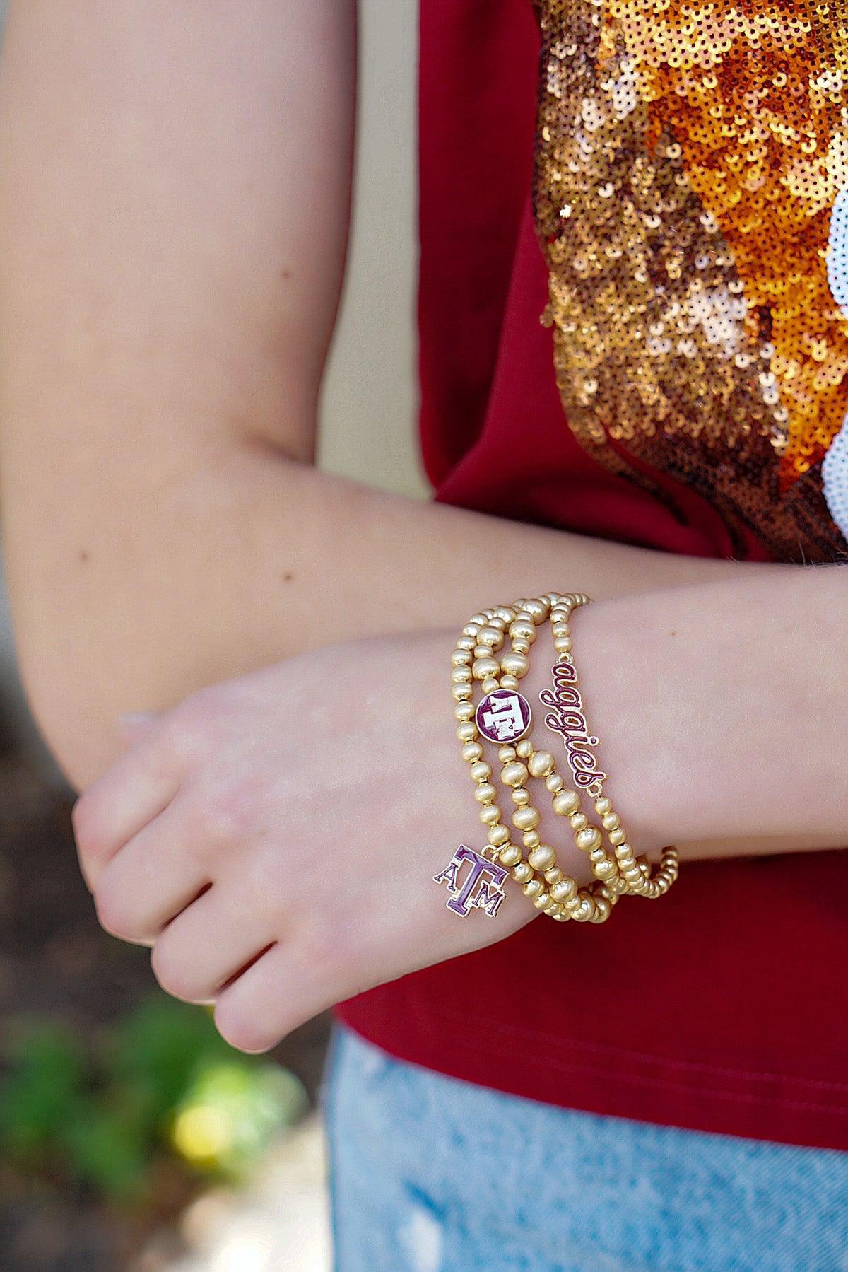 Texas A&M Aggies 2-Row Ball Bead Stretch Bracelet in Satin Gold