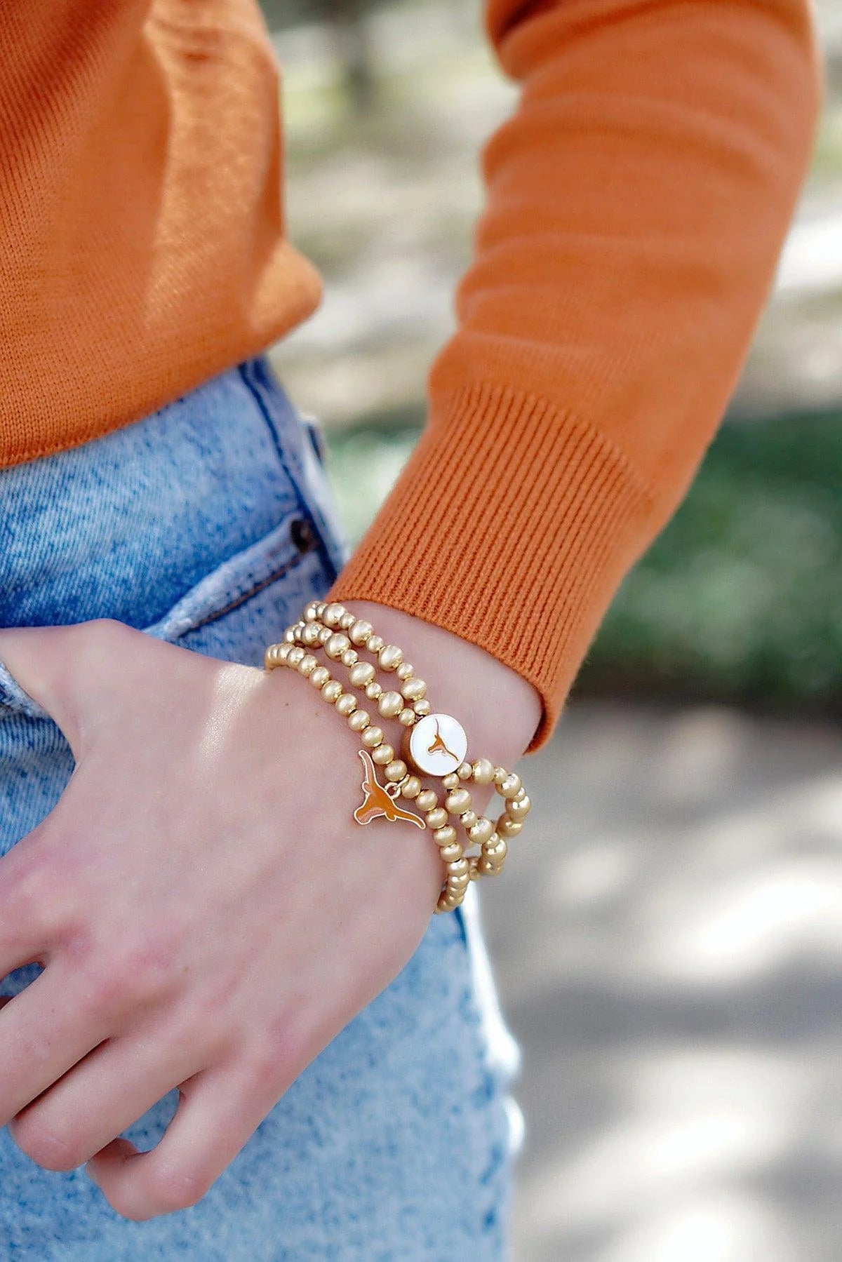 Texas Longhorns Ball Bead Stretch Bracelet in Satin Gold